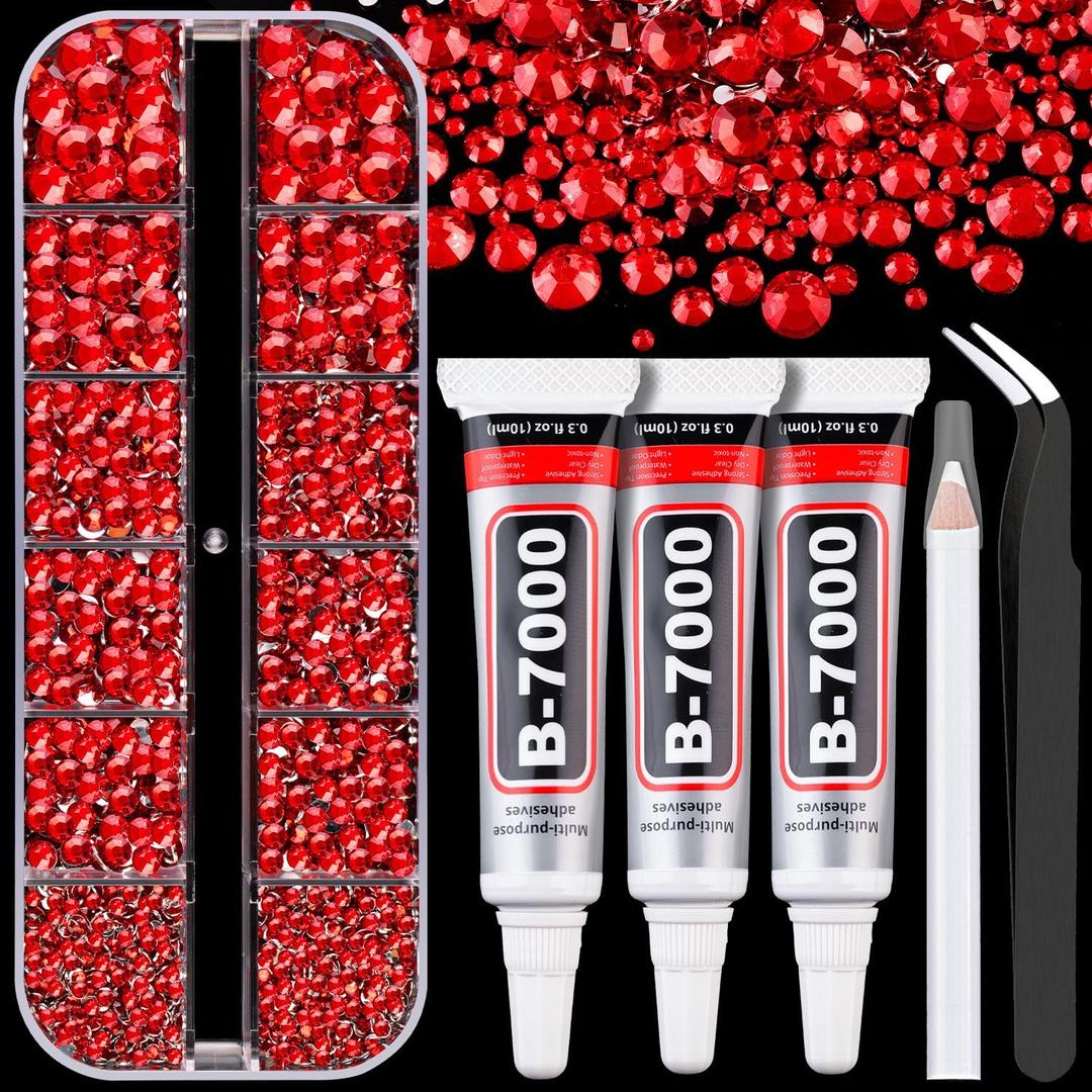 Resin Rhinestones for Crafting with B7000 Jewelry Glue, 1 Box Red Flatback Crystals with 3Pcs 10ml Glue for Bedazzling Crafts DIY Nail Art MakeupNon Hotfix Gems for Clothing Shoes (1 Small Pack + Glue)