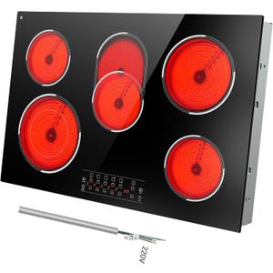 30 Inch Electric Cooktop 5 Burner, 8400W Built-in Electric Stove Top, 30" Ceramic Cooktop with Expanded Zone, Touch Control, Timer, Pause Control, Safety Lock, 220-240V, Hard Wire, No Plug