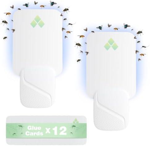 Fly Trap Indoor, Fruit Fly Traps for Indoors, Two Modes Protect 400 Sq Ft for Home, 2 Devices 12 Glue Cards, Fly Catcher Trap for Fruit Flies, Gnats, Mosquito, Flies, Moths, and Other Flying Insects