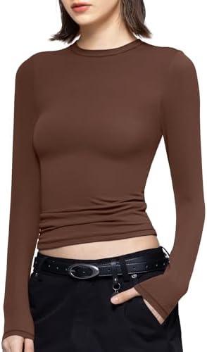 PUMIEY Women's Long Sleeve T Shirts Crew Neck Slim Fit Tops Sexy Basic Tee Smoke Cloud Pro Collection Size M