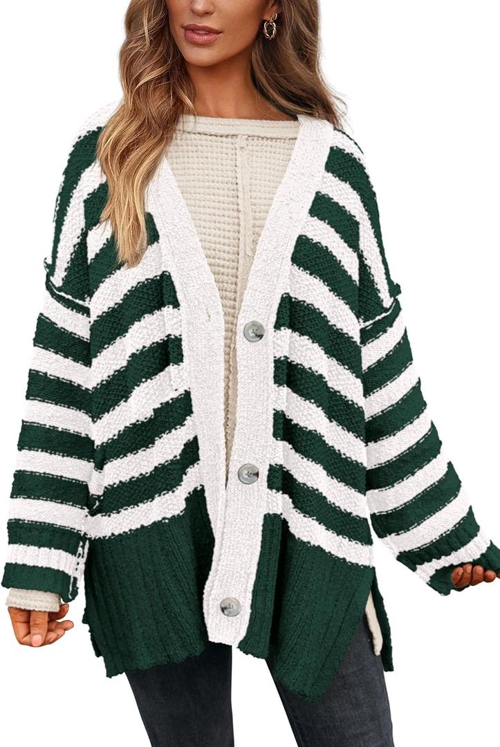 PRETTYGARDEN Women's Winter Striped Cardigan Sweaters Long Sleeve Button Down Open Front Chunky Knit Oversized Sweater Coat (S)