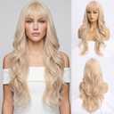 Long Blonde Wig with Bangs for Women Medium Part Blonde Wavy Layered Wigs Nature Looking Heat Resistant Synthetic Wigs for Party Daily Use28 inches