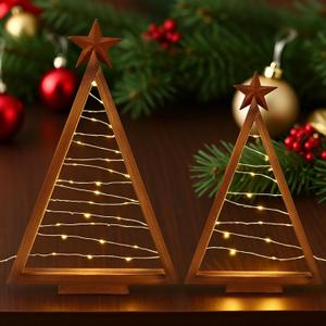2Pack Wooden Tabletop Christmas Trees with Lights, Farmhouse Lighted Christmas Tree, Small Lighted Christmas Trees Decor for Home Table Fireplace Mantle Shelf Decor(Brown, Size:39.5*24cm /29.8*16cm)