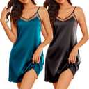 Ekouaer Womens 2 Pack Silk Nightgowns Sexy Lingerie Sleepwear Satin Negligee Chmeise Nighty Mesh V Neck Nightwear (Black/Blue Green, X-Large)