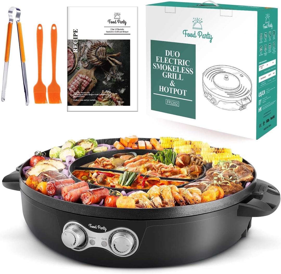 Food Party Hot Pot Electric Korean BBQ Grill 2 in 1 Hotpot Smokeless Indoor Grill Removable Cooking Plate Easy Cleaning 110V 1800W Shabu Shabu Pot with Divider