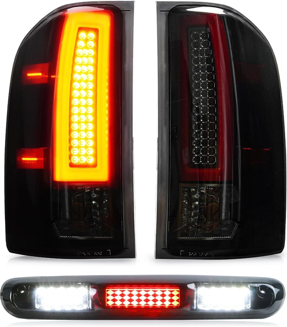 Tail Light + 3rd Brake Cargo Lamp for Chevy Silverado 1500 07-13, 2500 & 3500 HD 07-14, GMC Sierra 3500 HD 08-14, High Mount Stop Third Light Rear LED Taillight, 25958482 25958483 GM2800207 GM2801207 (Gray)
