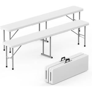 HLPB Folding Bench 6 ft, Foldable Plastic Bench with Handle and Smooth HDPE Tabletop, Protable in/Outdoor Picnic Party Camping Dining Seat, 2 Pack, White
