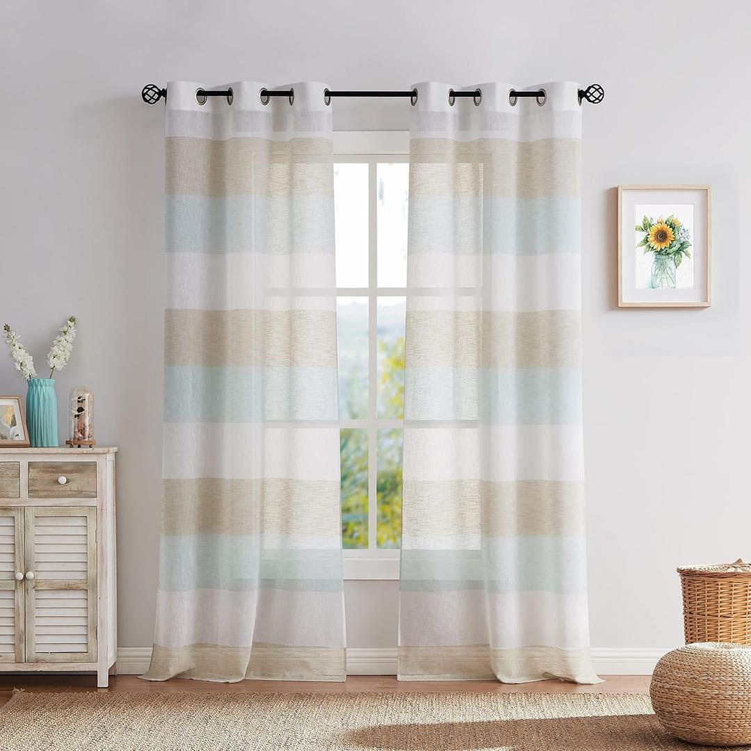 Central Park Tan and Spa Blue Stripe Sheer Color Block Window Curtain Panel Linen Window Treatment for Bedroom Living Room Farmhouse 63 inches Long with Grommets, 2 Panel Rustic Drapes, Size: 40"W x 63"L