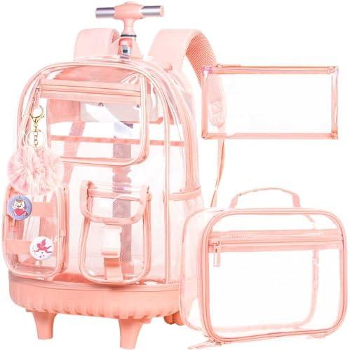 Clear Backpack Rolling Backpack for Girls,Transparent Bookbag Heavy Duty PVC See Through School Bags with Wheels for Teens Women Elementary Travel - Pink