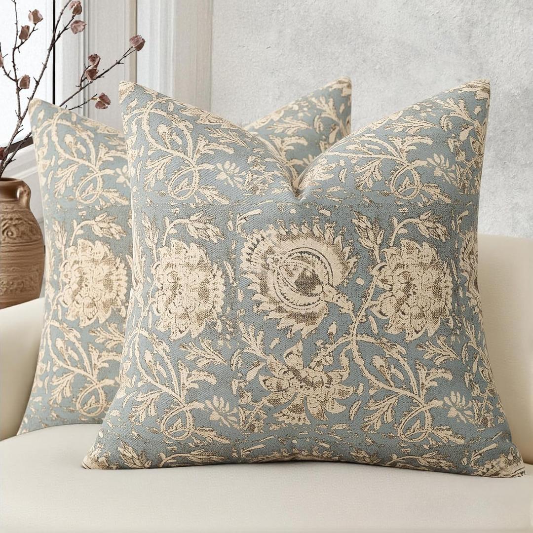 Vintage Floral Print Throw Pillow Covers 20x20 Set of 2 Neutral Modern Farmhouse Pillowcases Accent Decorative Cushion Covers Boho Home Decor for Couch Sofa Chair Bed Living Room, Sky Blue