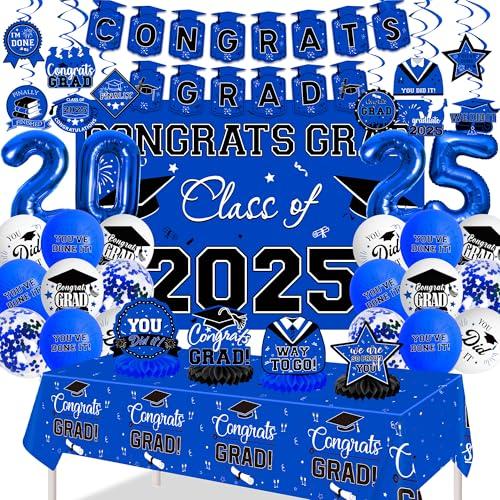 DMIGHT Graduation Decorations 2025, Class of 2025 Backdrop, Banner, 2025 Foil Balloons, Tablecloth, Hanging Swirls, Honeycomb Centerpieces, Party Supplies Decorations Set for College (BLUE)