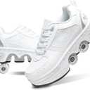 Roller Skate Shoes for Girls, Boys, 2-in-1 Skating Shoes for Man, Women, Retractable Roller Shoes for Kids, Deformation Shoes with Wheels, White (3.5US)