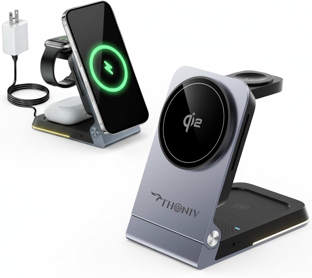 THONIV- Qi2 3-in-1 Magnetic Wireless Charging Station, Foldable 15W Fast Charger for iPhone 1117 Series, Apple Watch and Wireless Earbuds, Portable Travel Dock, MagSafe Compatible, 30W Adapter