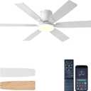 52 inch White Ceiling Fans with Lights and Remote, Low Profile Ceiling Fan with Light, Flush Mount, Reversible, 3CCT, Dimmable, Noiseless, Flush Mount Ceiling Fan for Bedroom Living Room Patios
