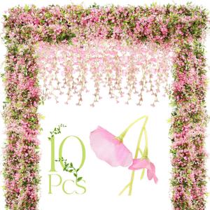 Crowye 10 Pcs 7.2ft/pcs Artificial Flowers Wisteria Garland Artificial Wisteria Vine Hanging Flower Decorations Flower Vines for Outdoor Wedding Wall Arch Party Backdrop Floral Decor (Pink)
