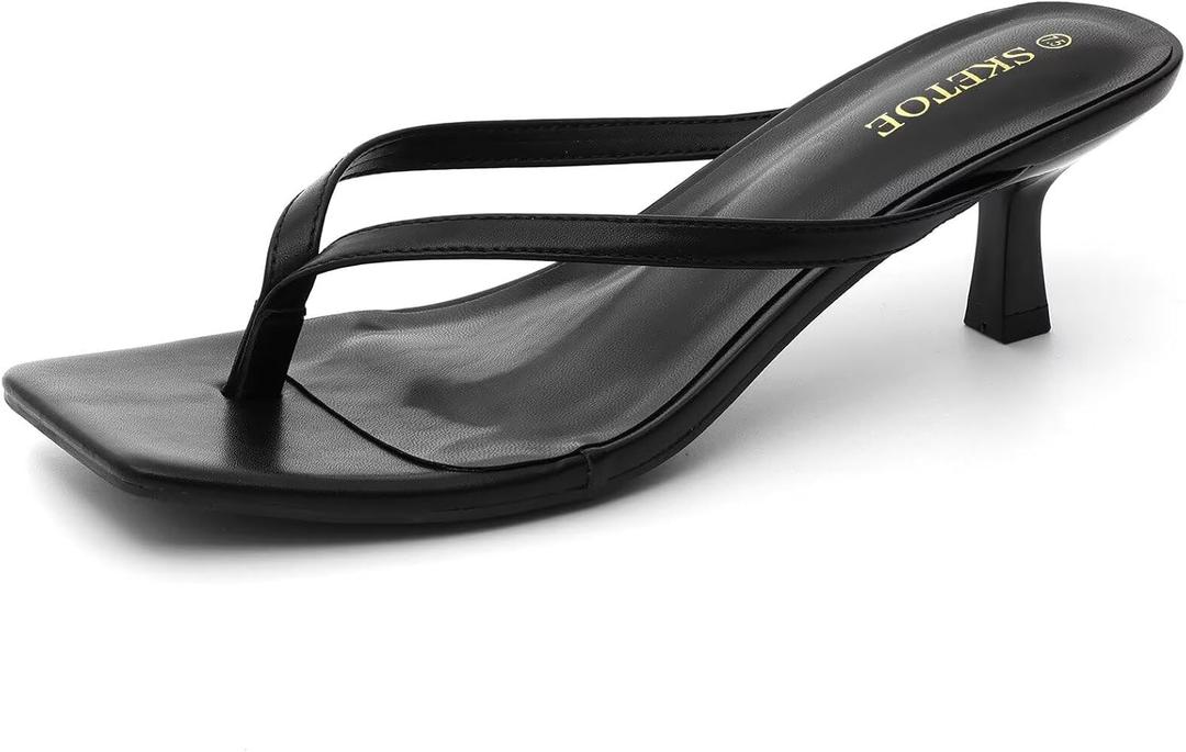 Kitten Heels for Women Square Toe Sandals Flip Flop Heels Thong Sandals Comfortable Summer 2 Inch Heels Sandals (Black), 8