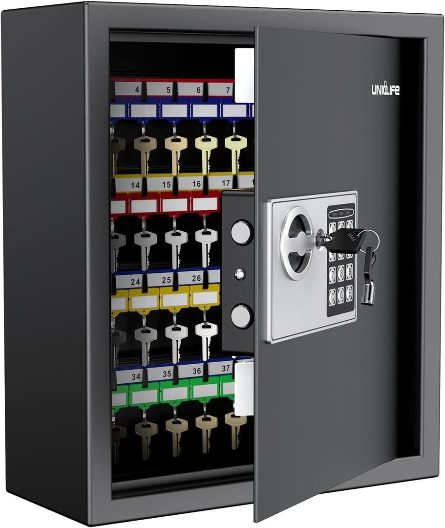 Uniclife 70 Position Key Cabinet with Combination & Key Lock Wall Mounted Security Keys Safe Key Organizer Resettable Black Digital with Keypad Lock Adjustable Racks Colorful Key Tags & Permanent Pen