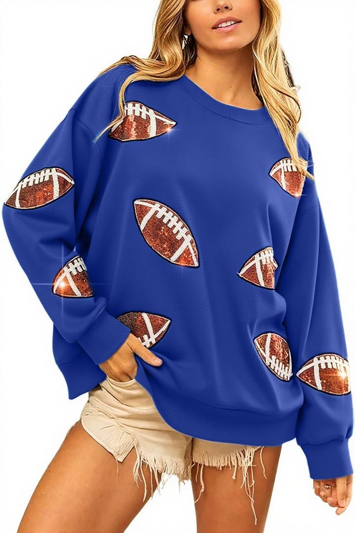 MOUSYA Womens Sequin Football Sweatshirt Game Day Long Sleeve Shirt Sunday Funday Pullover Casual Crewneck Tops (Blue, S)