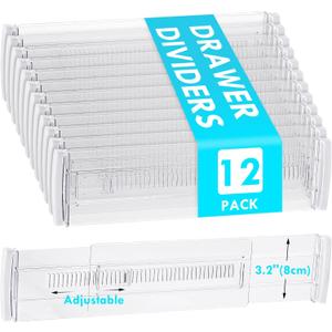 Drawer Dividers, 12 Pack Adjustable Drawer Organizers 3.2" High Expandable from 11.3-20" Clear Expandable Dresser Organizer for Clothes Kitchen Utensils Cutlery Drawer Organizers Set