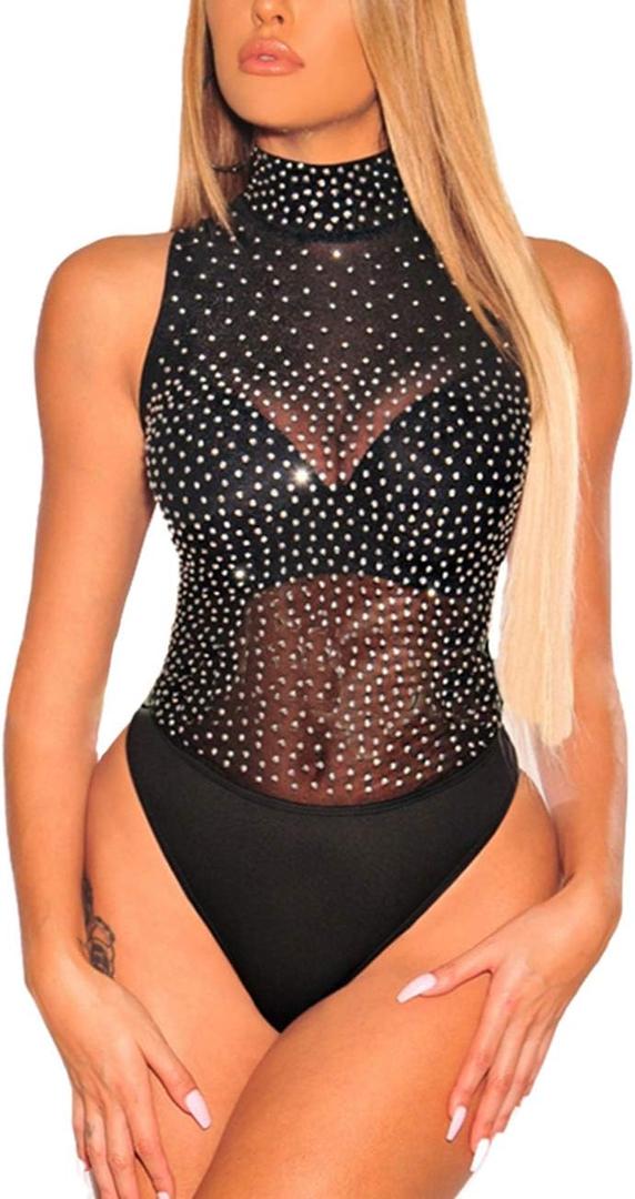 SEBOWEL Women Long Sleeves Mesh See Through Jumpsuit Bodysuit Top Leotard (Medium, 16# Black)