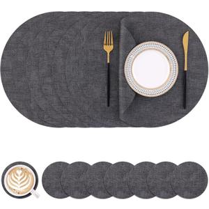 Homaxy Round Faux Leather Placemats and Coasters, Washable Dual-Side Table Mats, Wipeable Heat-Resistant Dining Place Mats for Outdoor and Indoor, Set of 8, Diameter 13 and 3.93 inch, Dark Grey