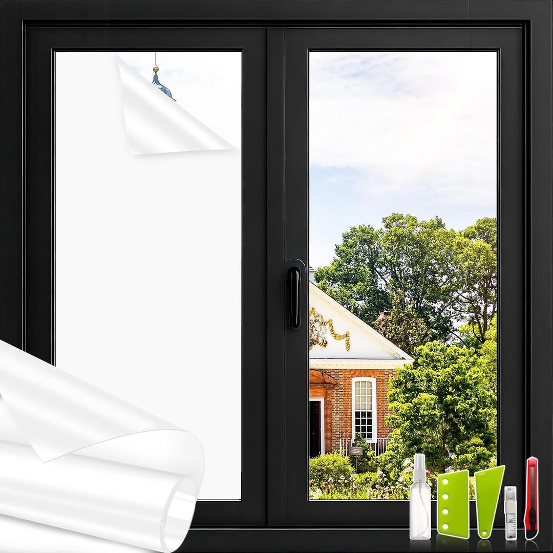 NIDOJP Total Whiteout Window Film with Installation Tools, Removable Self-Adhesive Glass Privacy Covering, Heat Control UV Protection Sticker for Low-Level Floor Home Bedroom, 24in x 6.5ft