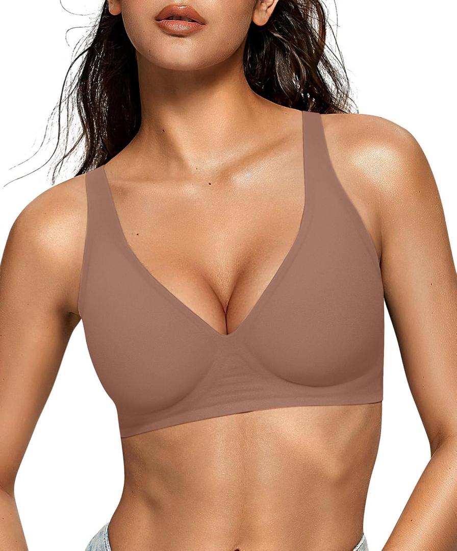 OEAK Womens Deep V Bras Wireless Comfortable Bra Supportive No Underwire Bras Tshirt Push Up Bralettes Plunge Seamless Bra (Medium, Coffee)