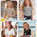 LessonZoo 4 Pack Teen Girls T Shirts Kids Summer V Neck Tops Ribbed Basic Cute Tees Short Sleeve Clothes for Tween 5-14 Years(Khaki, White, Gray, Black,11-12 Years)