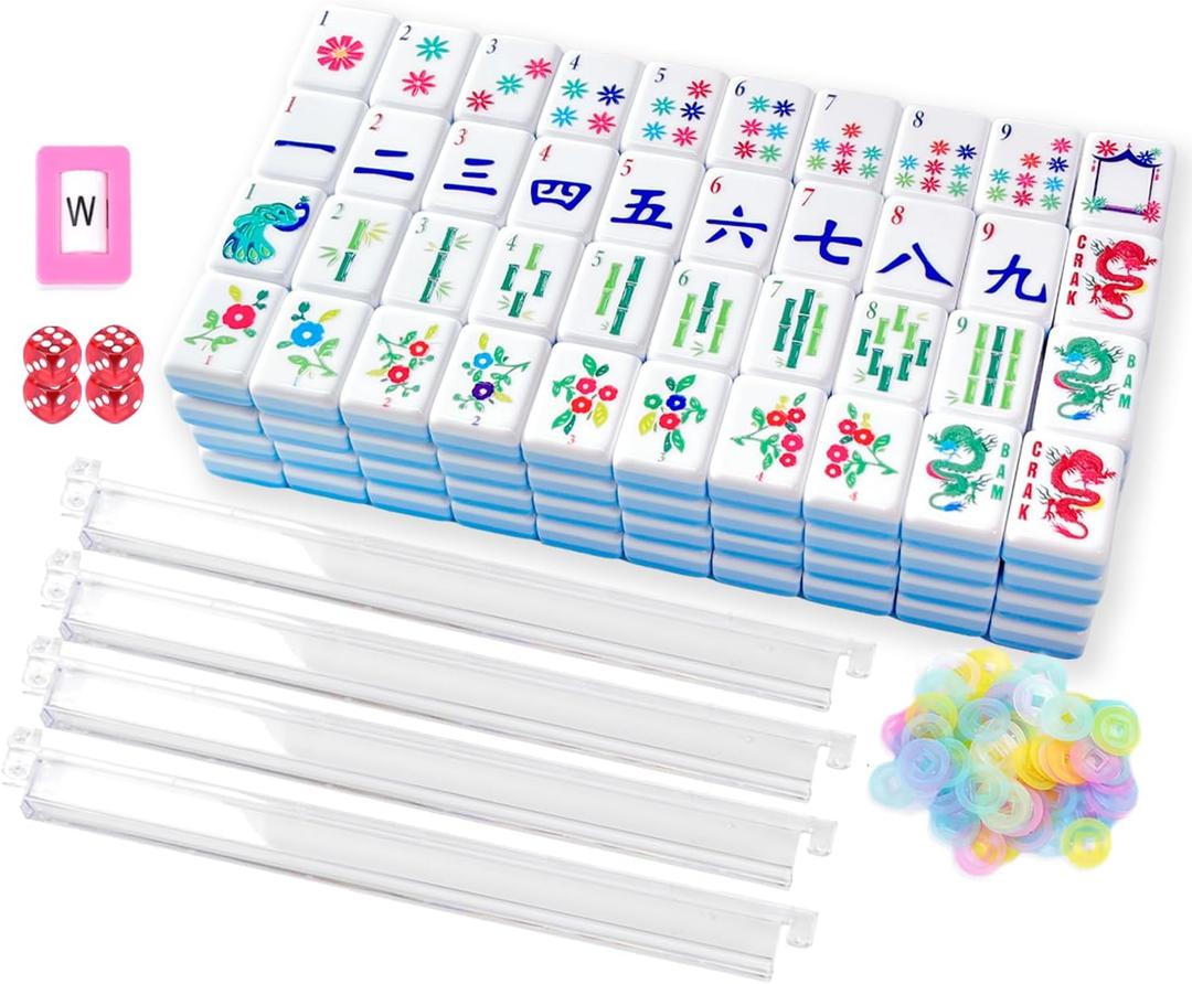 American Mahjong Set with 160 White Tiles and 4 Transparent Holders/Pushers, Portable American Style Mahjong Game, Classic Board Games for Family Night