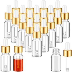 100 Pcs Mini Glass Oil Dropper Bottle Bulk, Clear Essential Small Empty Bottles Sample Containers Perfume Liquid Vials with Cap for Traveling (10 ml,Gold)