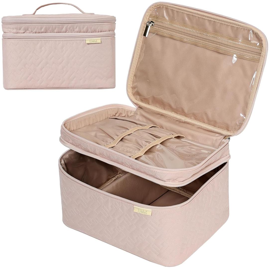 NISHEL Large Double Layer Travel Makeup Bag Women, Cosmetic Case, Organizer for Travel-Size Accessories Bottles, Brushes, Conditioner, and Skin Care Products, Pink