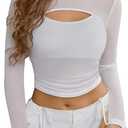 Avidlove Women's Sheer Mesh Long Sleeve Crop Top y2k Sexy Tee Blouse Cutout Clubwear with Thumb Holes Size S