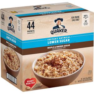 Quaker Instant Oatmeal Lower Sugar, Maple & Brown Sugar, 1.19 Oz, Pack of 44 (EXP 05/27/27)