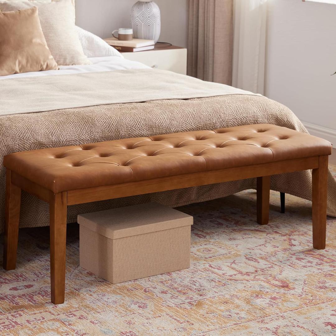 Ottoman Bench Upholstered Padded Seat with Solid Wood Legs and Button-Tufted, Big Oversized Ottoman, Faux Leather Cognac Brown, 47.5 inches x 17.7 inches x 17.7 inches