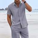 COOFANDY Men's Summer Beach Outfits 2 Piece Short Sleeve Shirts and Shorts Vacation Texture Linen Sets for Men, S