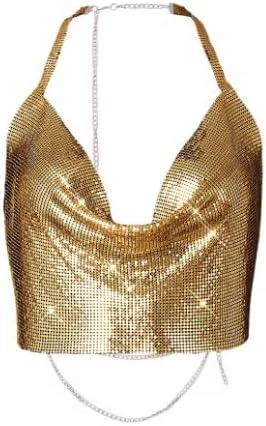 Womens Sexy Metallic Sequins Halter Crop Top Deep V Neck Backless Vest Shirt Clubwear Rave Outfit 50 * 30CMGold Strap (Gold)