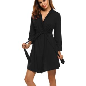 HOTOUCH Womens Robe Lightweight Short Knit Bathrobe Soft Ladies Sleepwear with Pockets (Black, M)