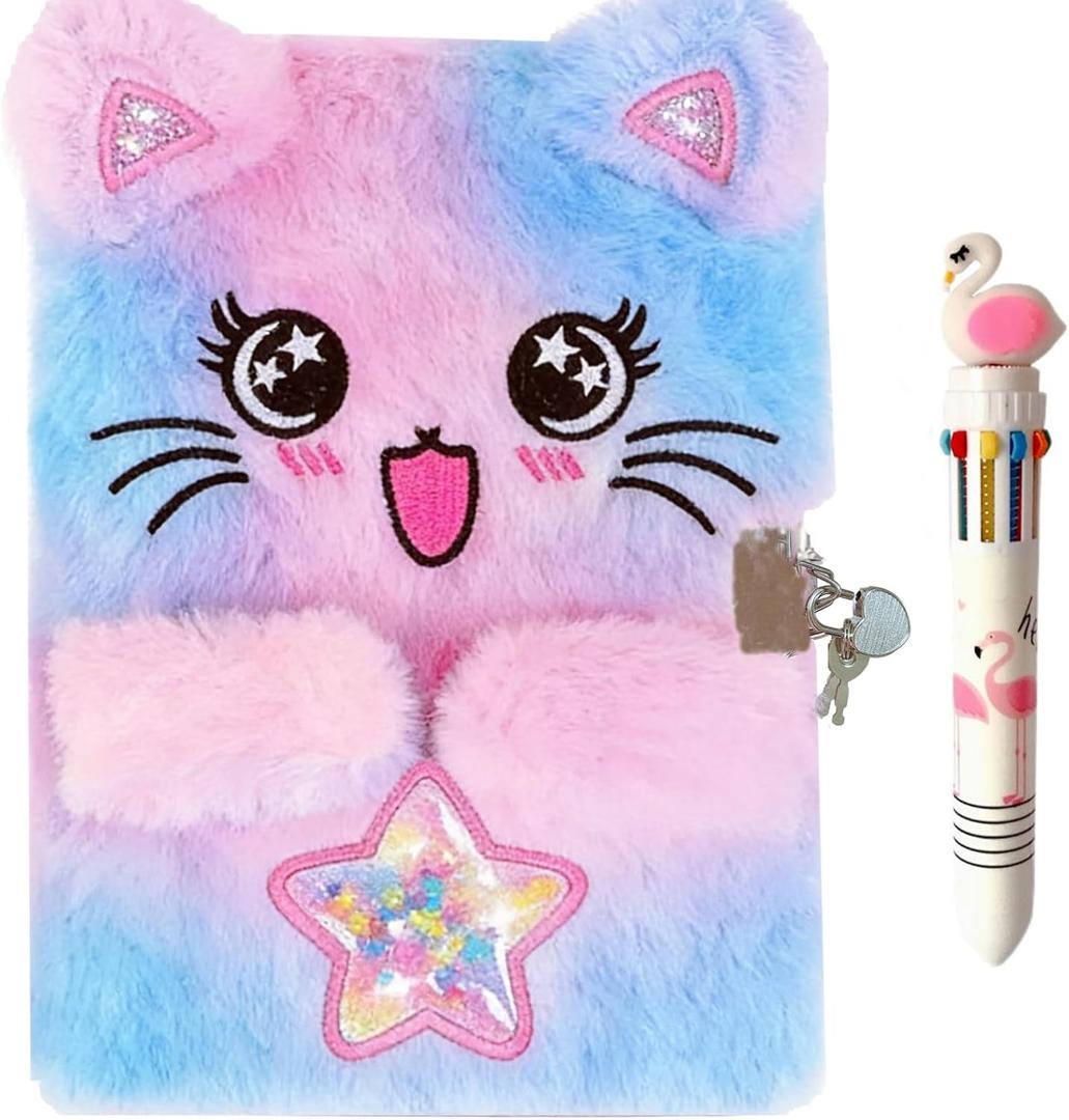 Colorful Cat Diary for Girls Kids Notebook Cute Journal with Lock,Girls Fluffy Plush Diary,Birthday,Christmas,New Year Gift Set for Girls with Multicolored Pen