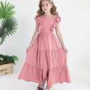 Girls Summer Dresses Tween Tie Back Ruffle Sleeve Kids Swing Flowy Casual Beach Maxi Dress, 7-8Y
