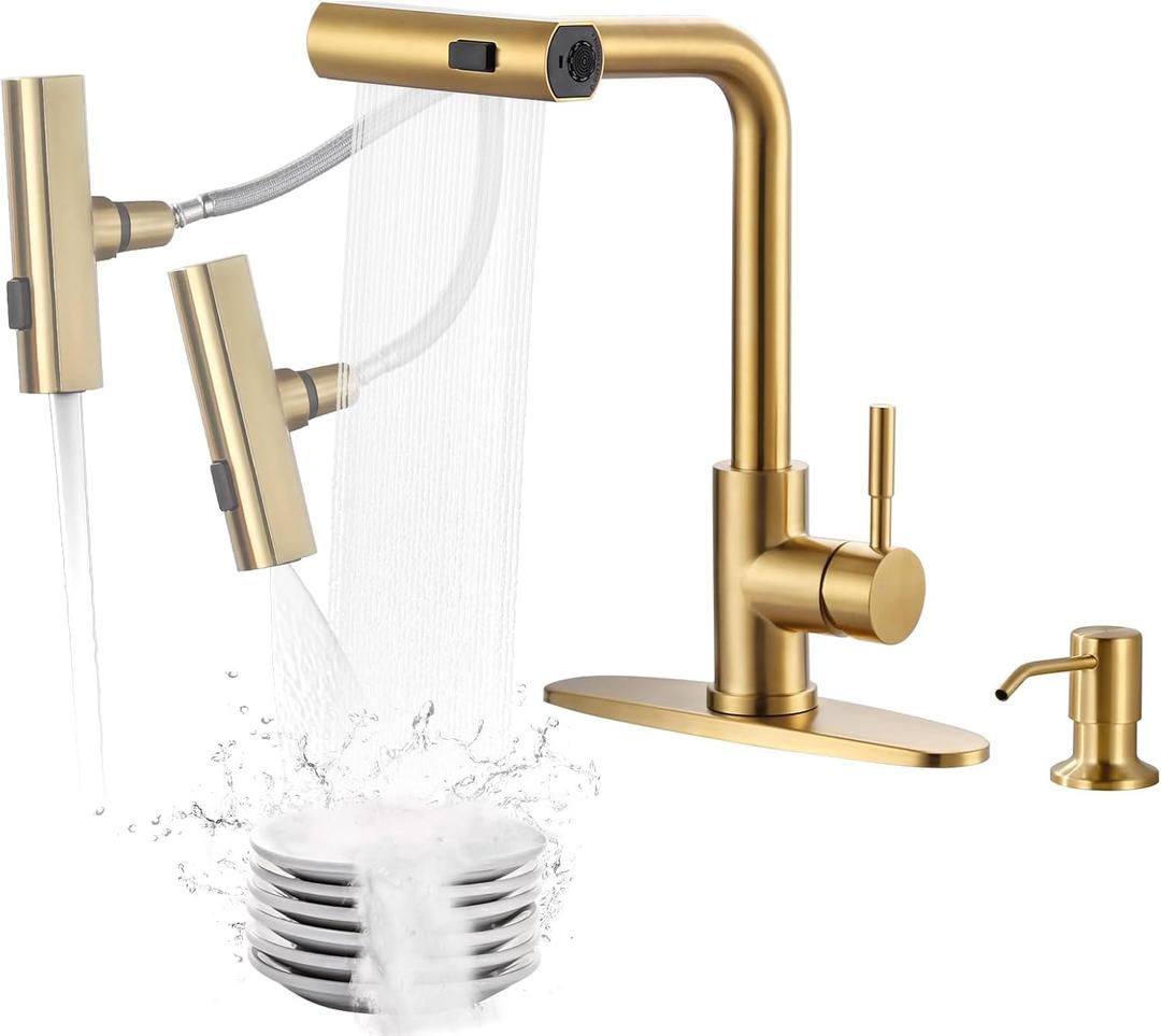 Waterfall Kitchen Faucet with Soap Dispenser: Gold Kitchen Faucet with Pull Down Sprayer 3 Modes(Waterfall/Stream/Sweep), Stainless Steel Kitchen Faucets for Sink with Deck-Plate