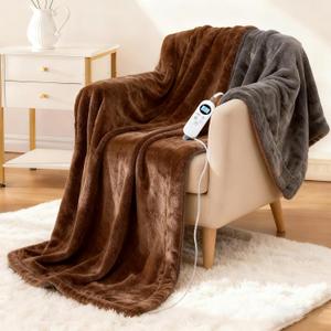 Eastsora Electric Heated Blanket Throw 50''x60''  Soft Dual-Sided Flannel, 12 Heat Settings, Smart Timer, ETL & FCC Certified, Machine Washable (Brown & Gray, Single(50"x60"))