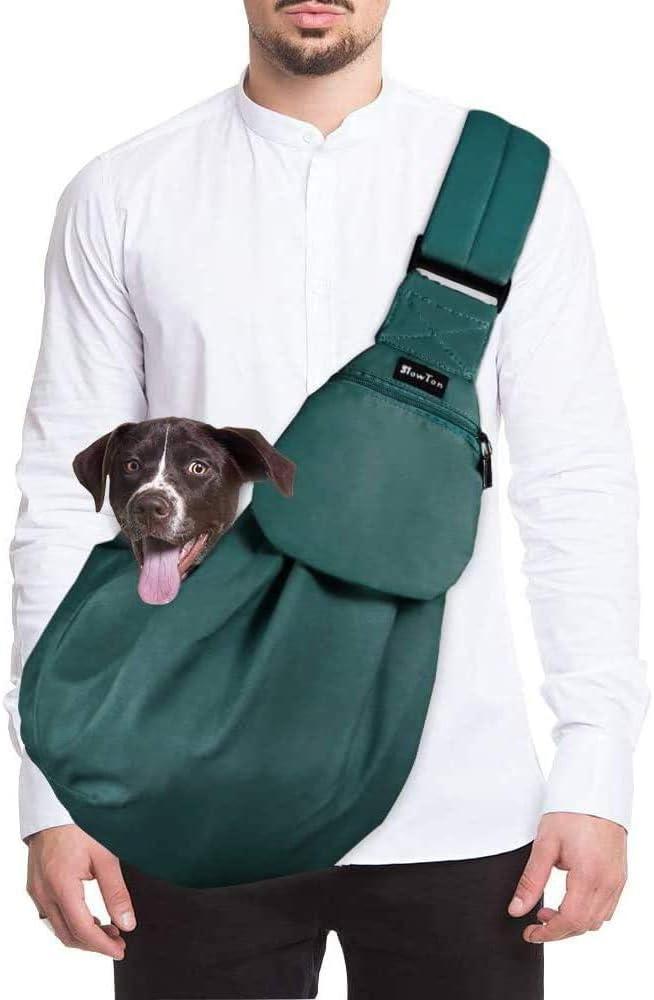 SlowTon Dog Carrier Sling - Thick Padded Shoulder Strap Adjustable Dog Carriers for Small Dogs, Puppy Carrier Purse for Pet Cat with Front Zipper Pocket Safety Belt Machine Washable (Green M) (I-Green Cotton Fabric)