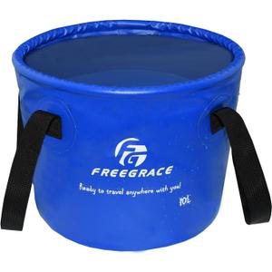 Premium Collapsible Bucket by Freegrace - Compact Portable Folding Water Container - Lightweight & Durable - Includes Handy Tool Mesh Pocket (10L, Navy Blue)