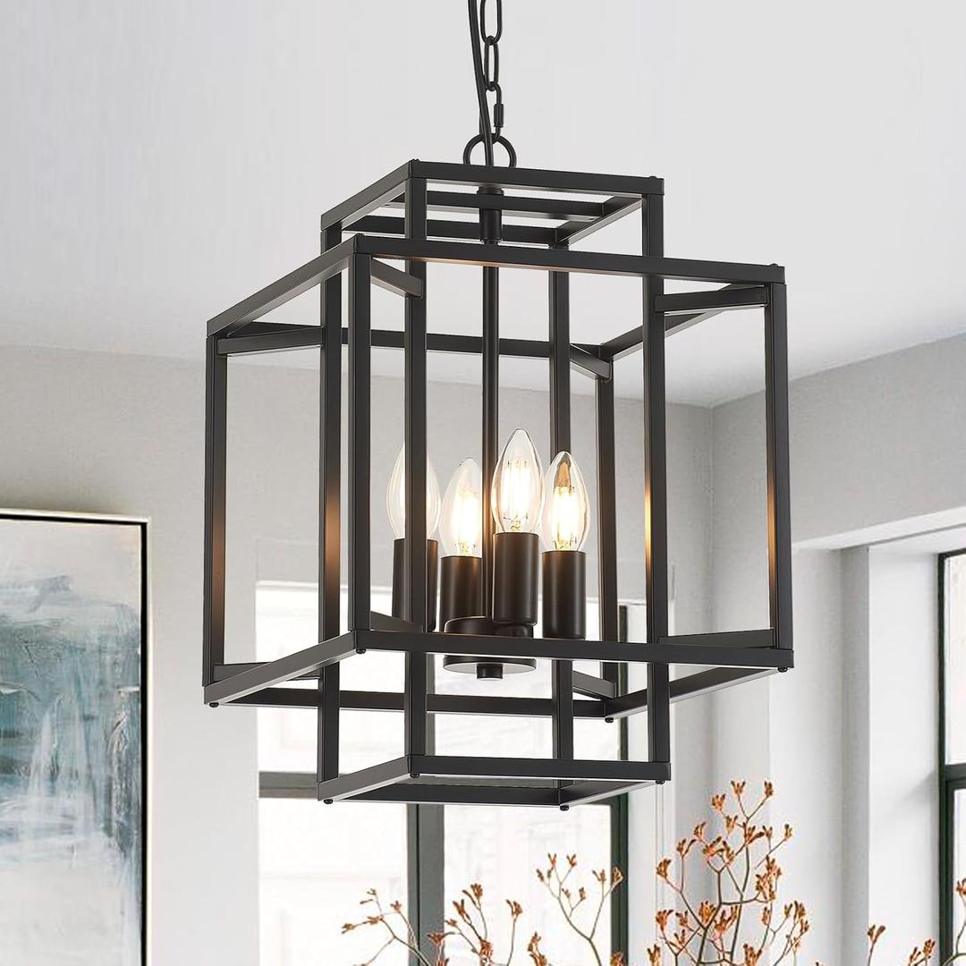 4-Light Black Chandelier, Semi Flush Light Fixture for Farmhouse with Metal Cage, E12 Bulb Socket and Adjustable Height for Dining Room, Kitchen Island, Living Room, Staircase, Entryway and indoor