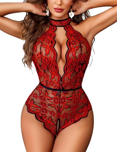 Avidlove Lingerie for Women Halter Lace Bodysuit V Neck Teddy One Piece Babydoll Nightgown Black Red 2XXL