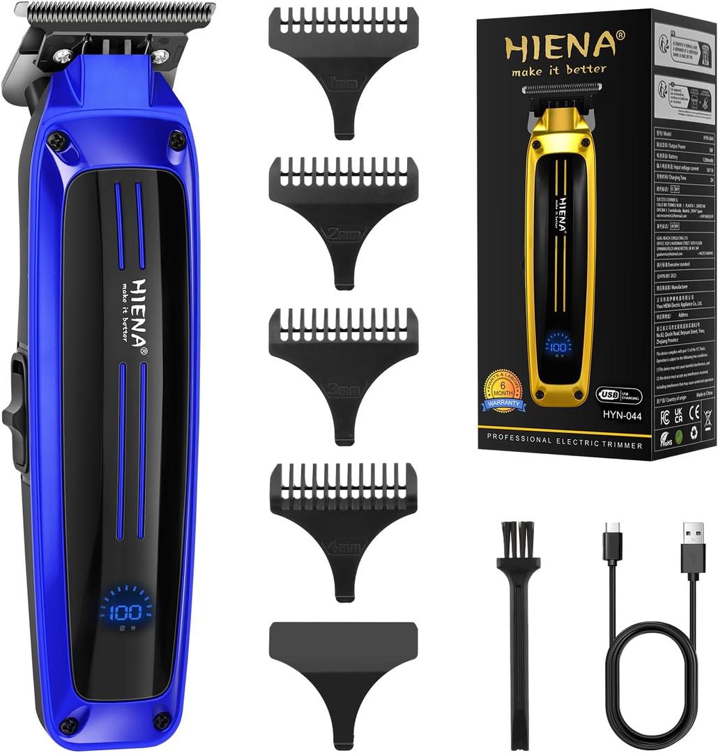 HIENA PRO Professional Electric Hair Trimmer for Men, Cordless Clipper Barber Haircut Tool with USB, Rechargeable T-Blade Precision Beard Trimmer, Perfect Gifts for Men(Blue)