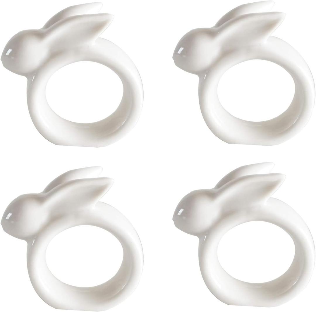 Easter Rabbit Porcelain Napkin Rings, Set of 4 Vintage White Bunny Ceramic Napkin Rings for Easter Dinner Weddings Parties, Handmade