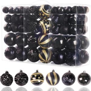 100PCS Christmas Ball Ornaments, Assorted Shatterproof Christmas Tree Decorations, Seasonal Decorative Hanging Baubles Decor Set for Xmas/Holiday/Party, Glitter&Painting Ornament Set (Black Gold)