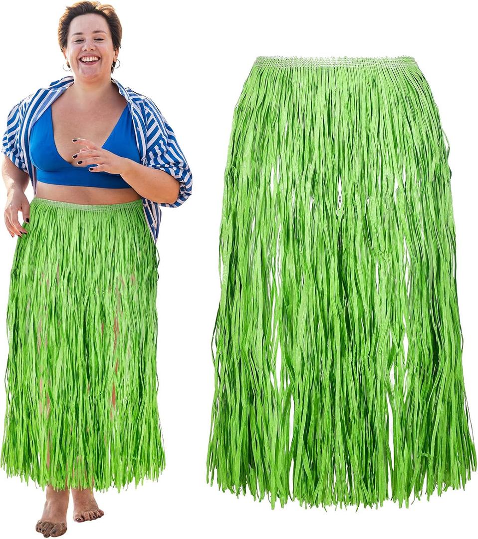 Mepase Plus Size Hula Skirt for Adults Women Simulation Raffia Grass with Flowers 54" x 30" Adjustable Hawaiian Skirt(Green,Fresh)