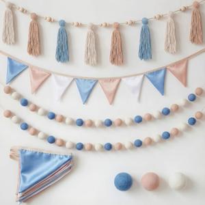Hahafelt 4 Pcs 6.89 ft Pre-Strung Garland Banner Pom Pom Garland Pennant Banner Tassel Pompom Decor Triangle Fabric Bunting for Nursery Baby Shower Birthday Wedding Boho Party(Baby Blue)